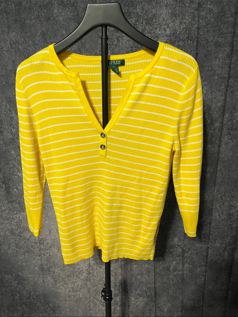 Lauren Ralph Lauren Yellow and White Striped V-Neck Pullover